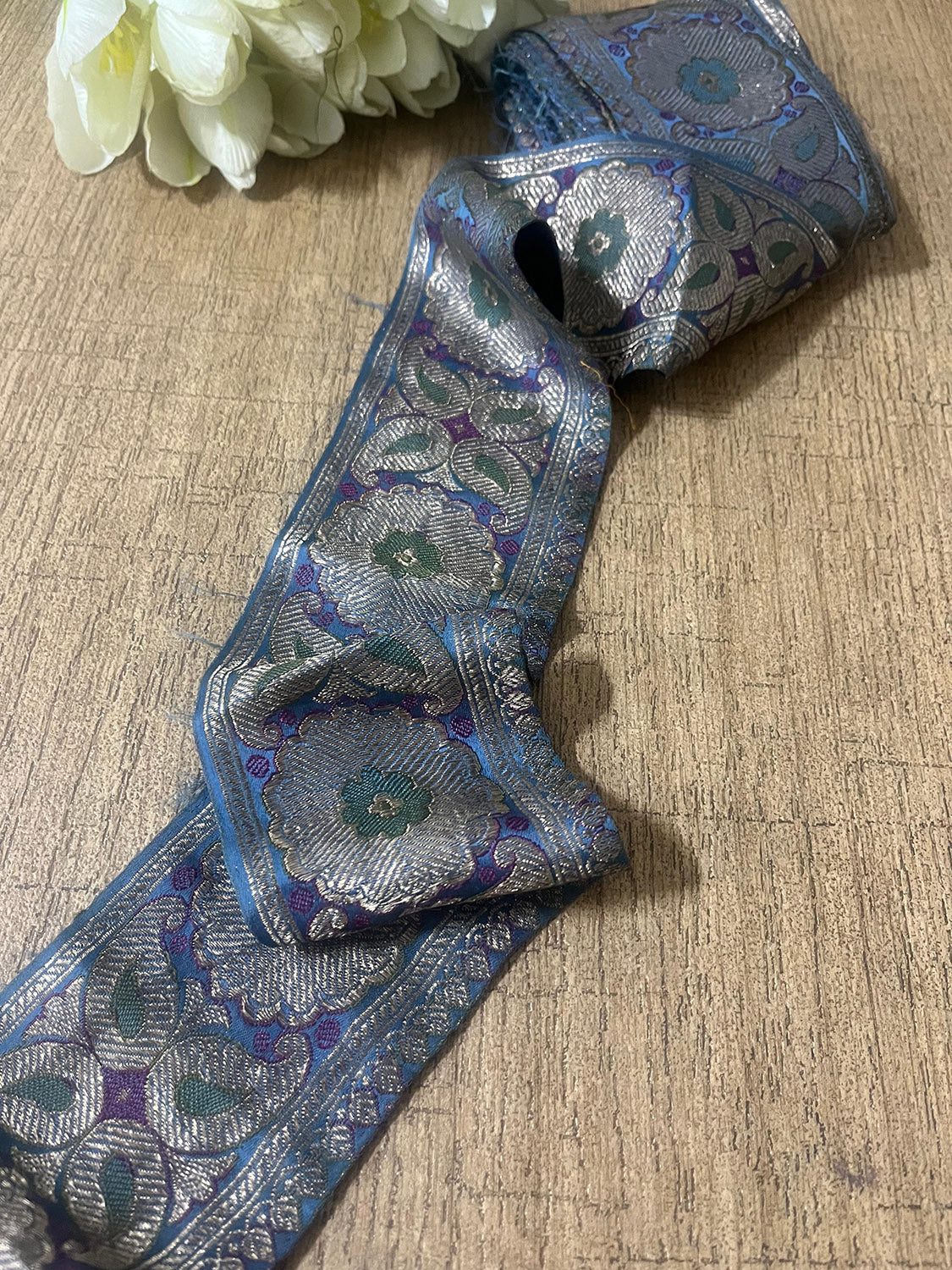 Blue Banarasi Handloom Vintage Pure Silk Border ( 1 Mtr ) - Luxurion World