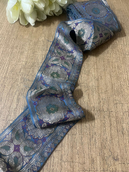 Blue Banarasi Handloom Vintage Pure Silk Border ( 1 Mtr ) - Luxurion World