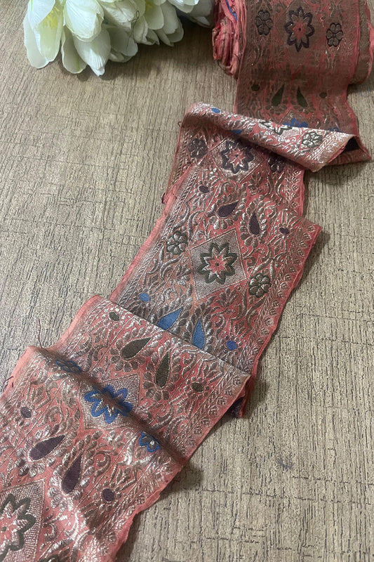 Peach Banarasi Handloom Vintage Pure Silk Border ( 1 Mtr ) - Luxurion World