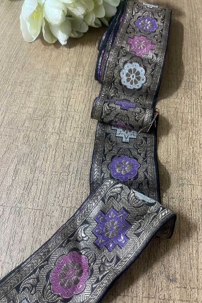 Exquisite Black Banarasi Handloom Vintage Pure Silk Border ( 2.5 Mtr ) - Luxurion World