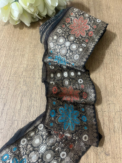 Exquisite Black Banarasi Handloom Vintage Pure Silk Border ( 1 Mtr ) - Luxurion World