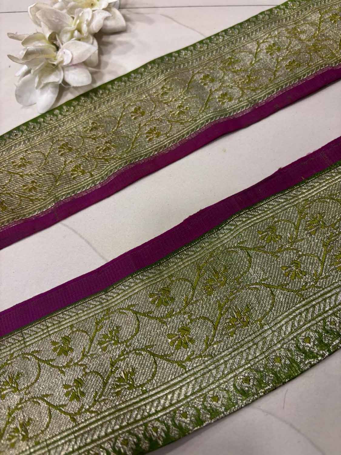 Green Pure Silk Vintage Banarasi Border Lace ( 1 Mtr ) - Luxurion World