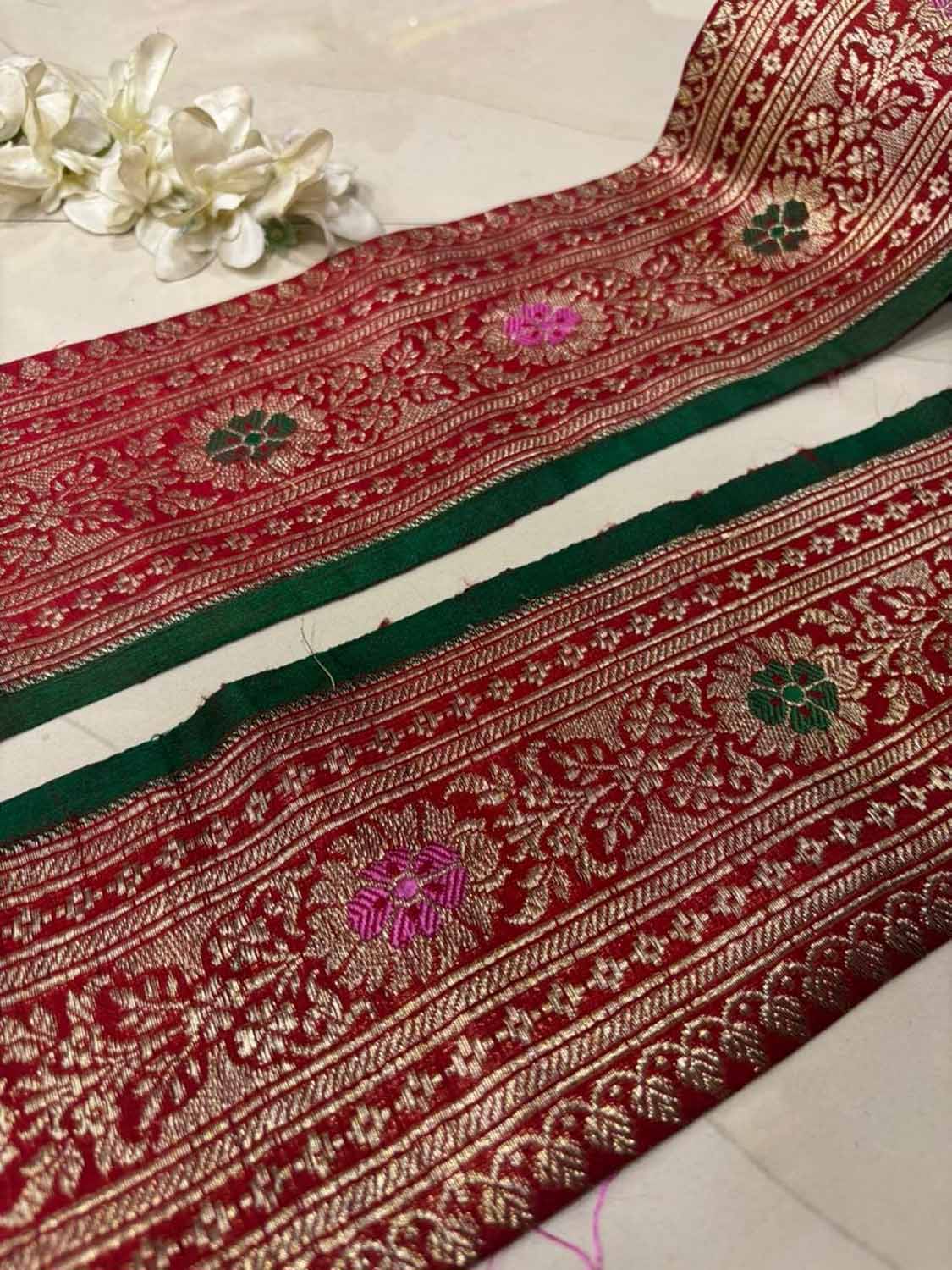 Red Pure Silk Vintage Banarasi Border Lace ( 1 Mtr ) - Luxurion World