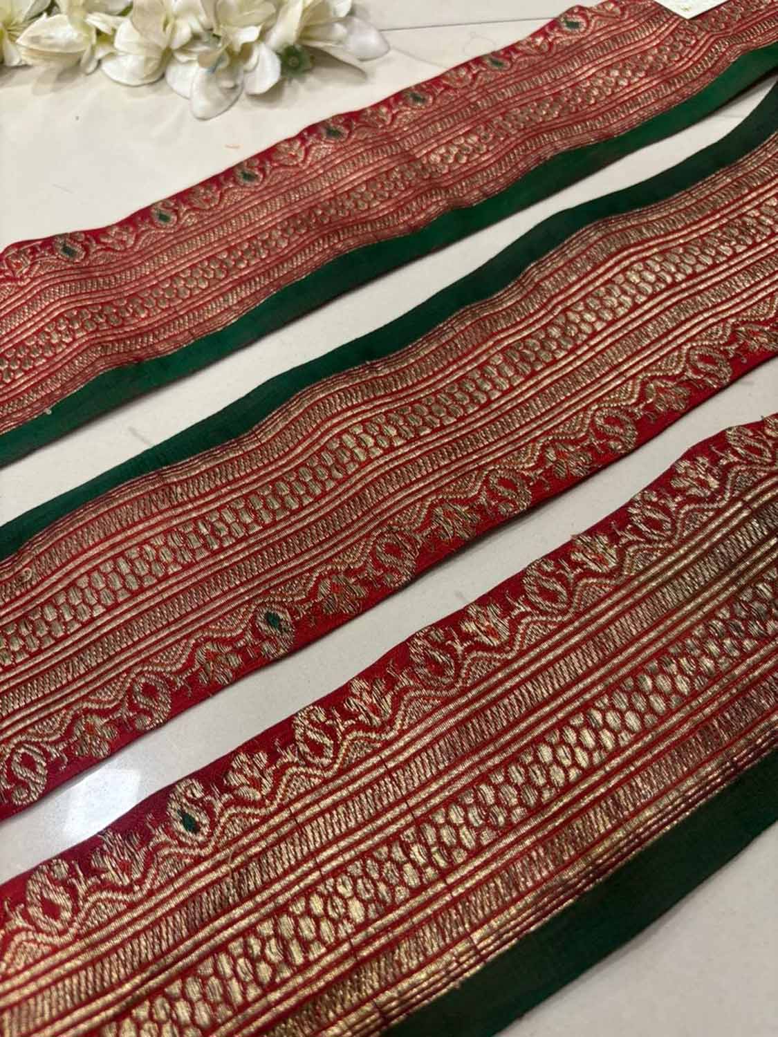 Red Pure Silk Vintage Banarasi Border Lace ( 1 Mtr ) - Luxurion World