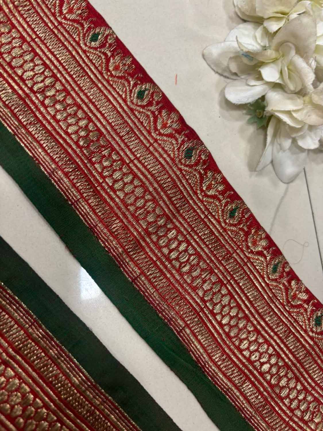 Red Pure Silk Vintage Banarasi Border Lace ( 1 Mtr ) - Luxurion World
