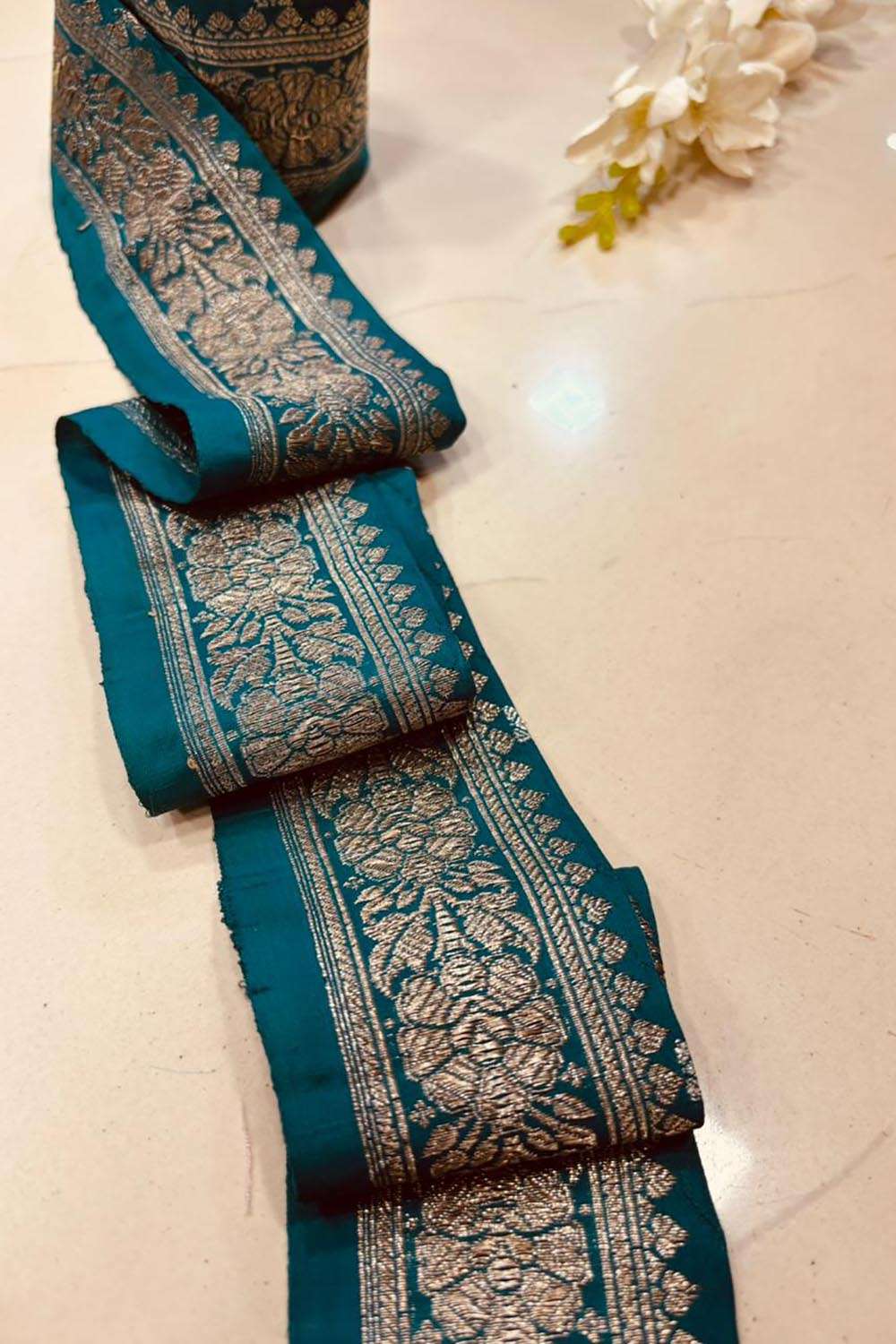 Blue Pure Silk Vintage Banarasi Border Lace ( 1 Mtr ) - Luxurion World