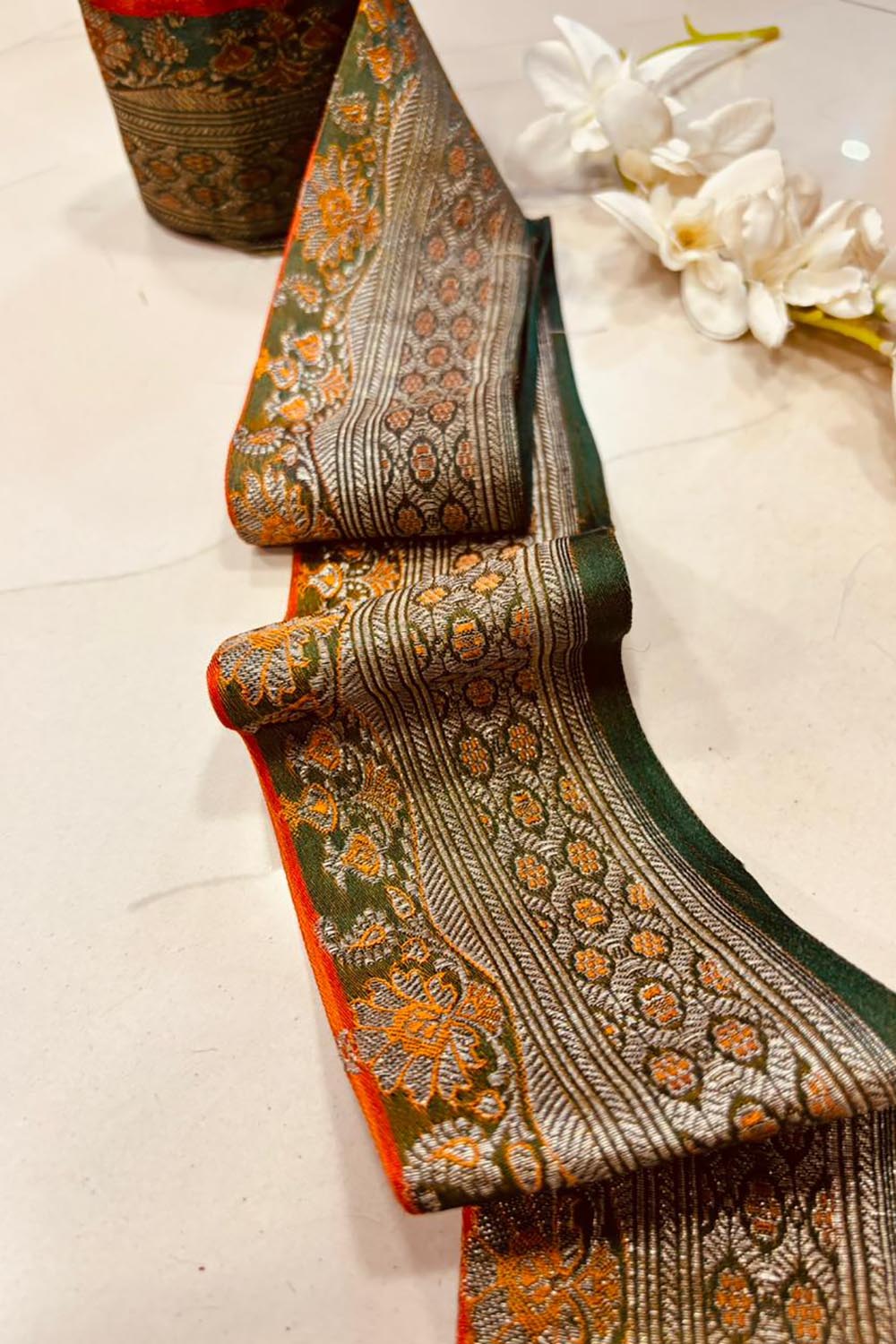 Green Pure Silk Vintage Banarasi Border Lace ( 1 Mtr ) - Luxurion World