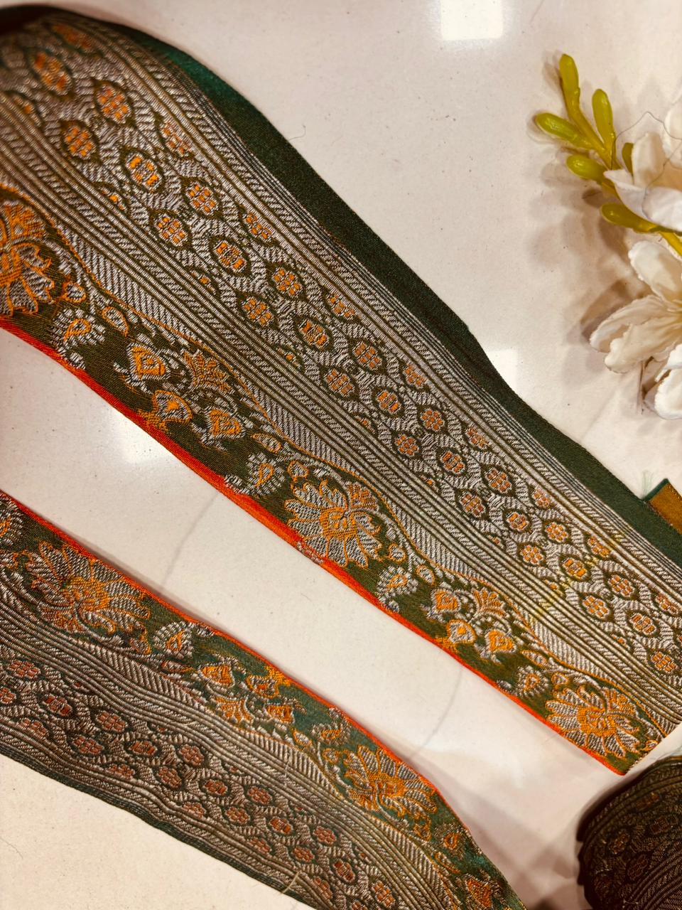 Green Pure Silk Vintage Banarasi Border Lace ( 1 Mtr ) - Luxurion World