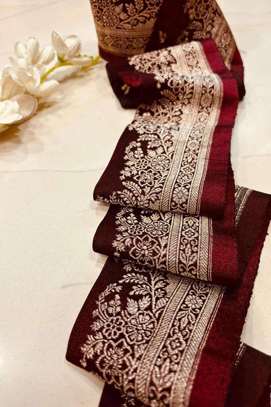 Maroon Pure Silk Vintage Banarasi Border Lace ( 1 Mtr ) - Luxurion World