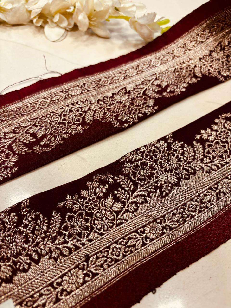 Maroon Pure Silk Vintage Banarasi Border Lace ( 1 Mtr ) - Luxurion World
