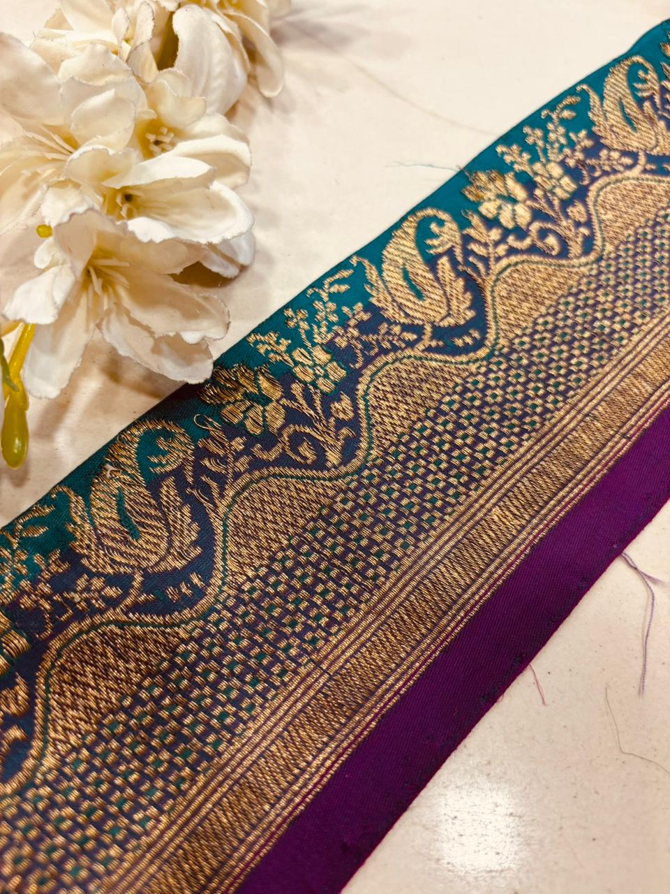 Blue Pure Silk Vintage Banarasi Border Lace ( 1 Mtr ) - Luxurion World
