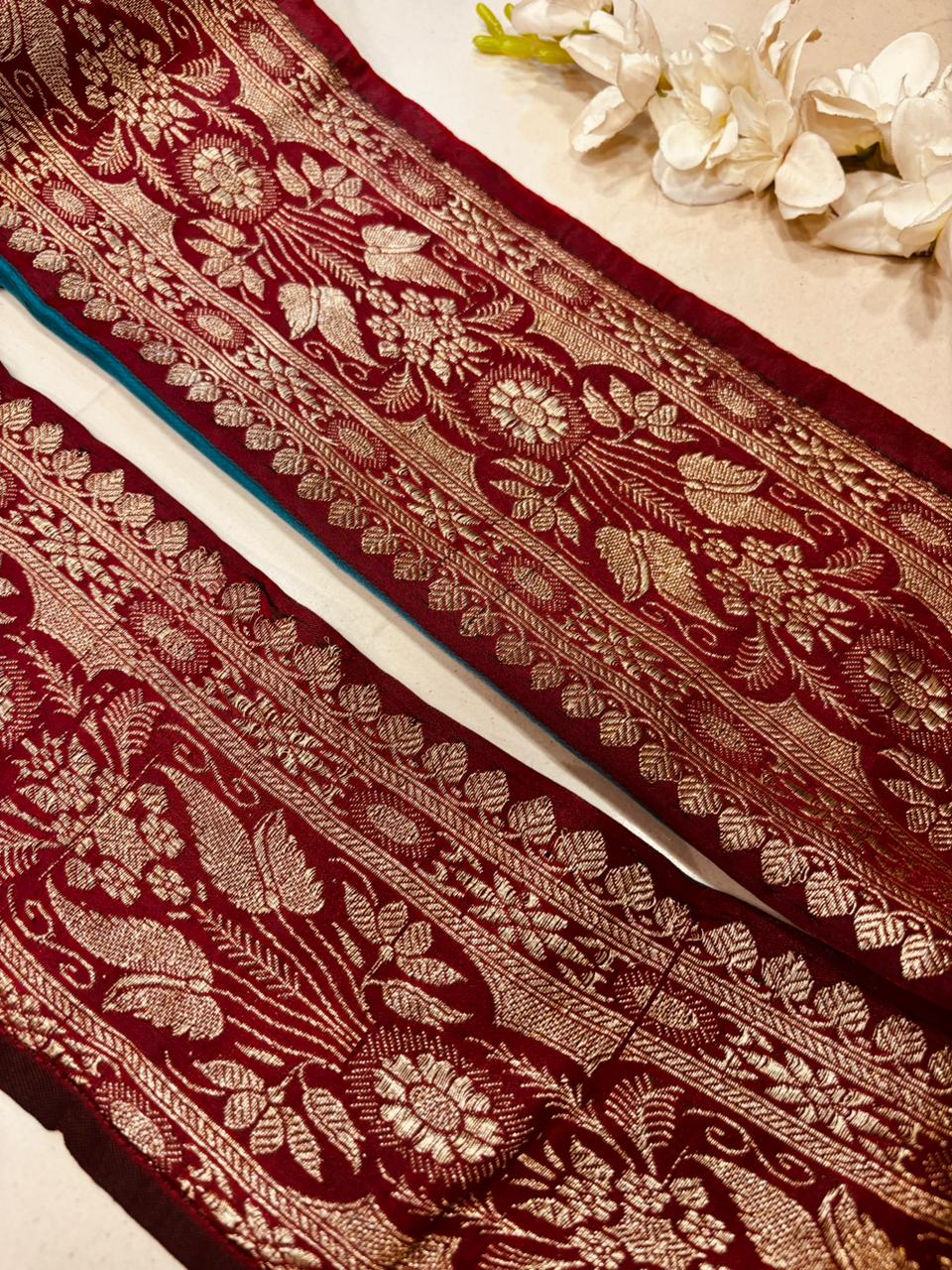 Maroon Pure Silk Vintage Banarasi Border Lace ( 1 Mtr ) - Luxurion World