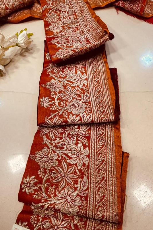Orange Pure Silk Vintage Banarasi Border 7 Mtr Lace With Pallu Border - Luxurion World