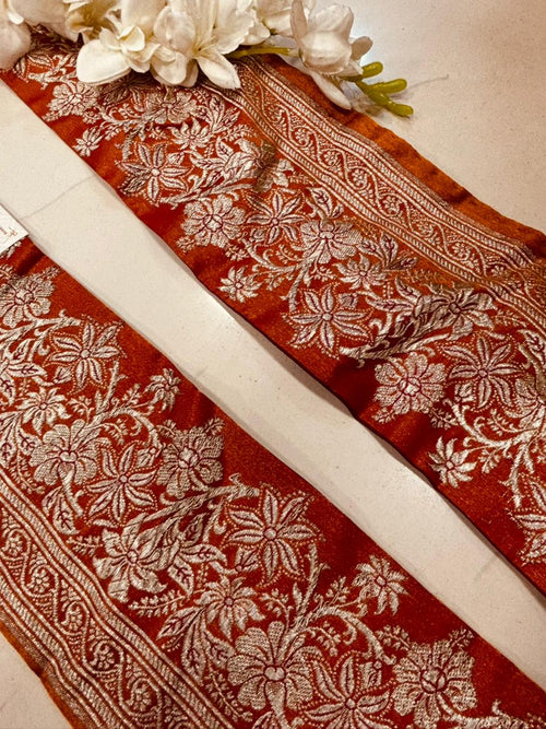 Orange Pure Silk Vintage Banarasi Border 7 Mtr Lace With Pallu Border - Luxurion World