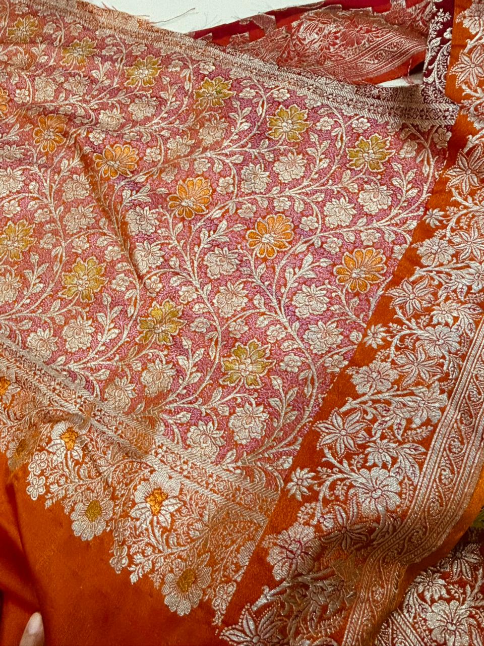 Orange Pure Silk Vintage Banarasi Border 7 Mtr Lace With Pallu Border - Luxurion World