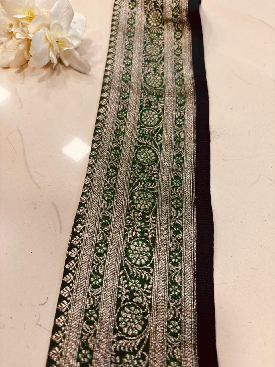 Green Pure Silk Vintage Banarasi Border Lace ( 1 Mtr ) - Luxurion World