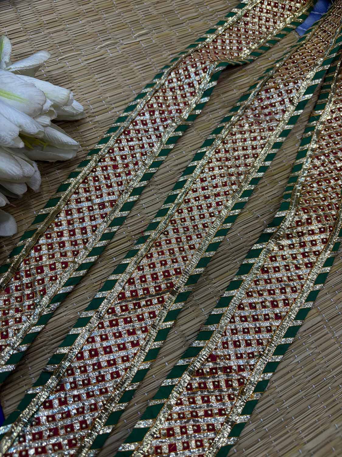Red And Green Hand Work Vintage Gota Patti lace ( 1 Mtr ) - Luxurion World
