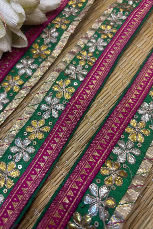 Pink And Green Hand Work Vintage Gota Patti lace ( 1 Mtr ) - Luxurion World