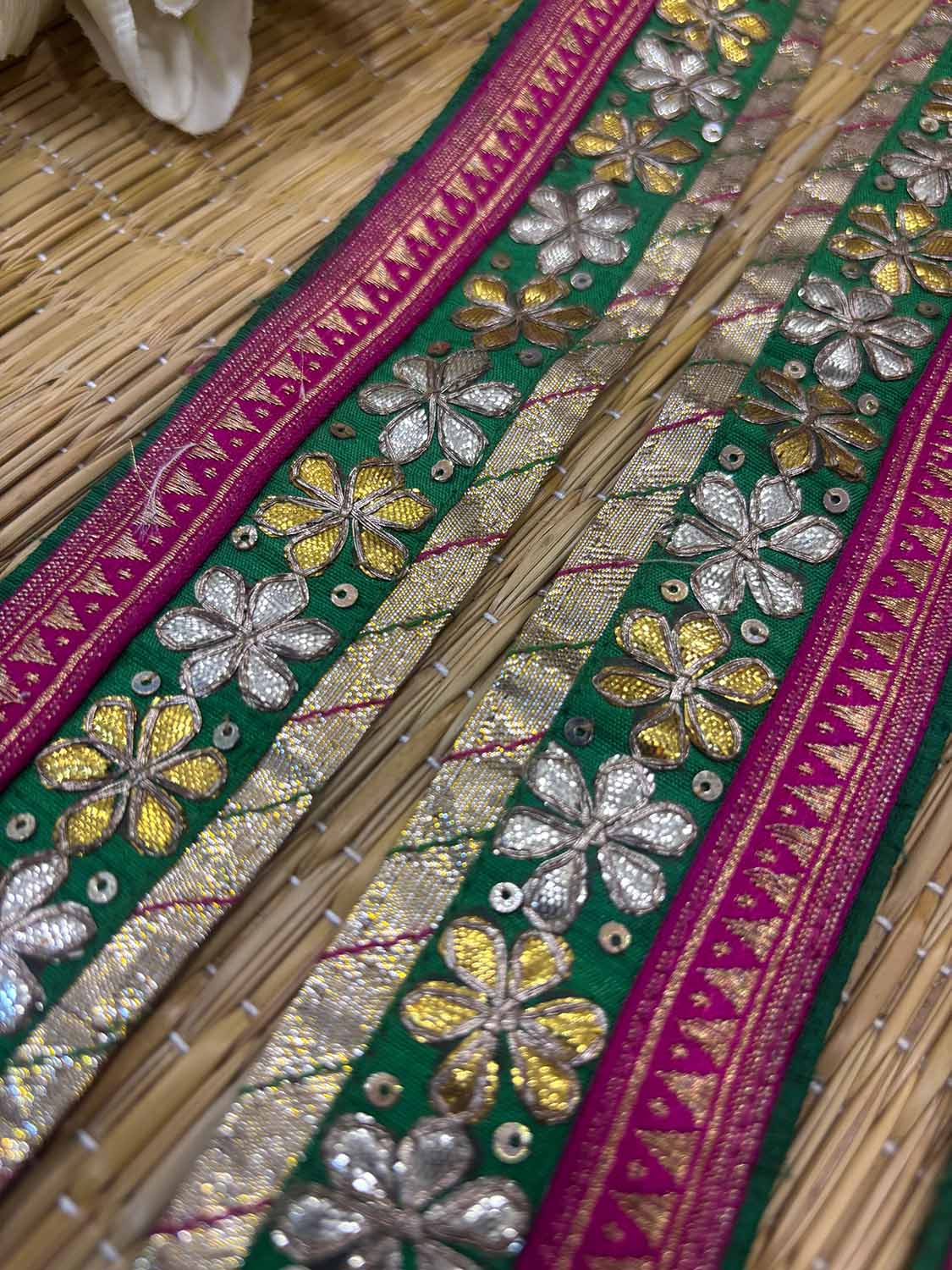 Pink And Green Hand Work Vintage Gota Patti lace ( 1 Mtr ) - Luxurion World