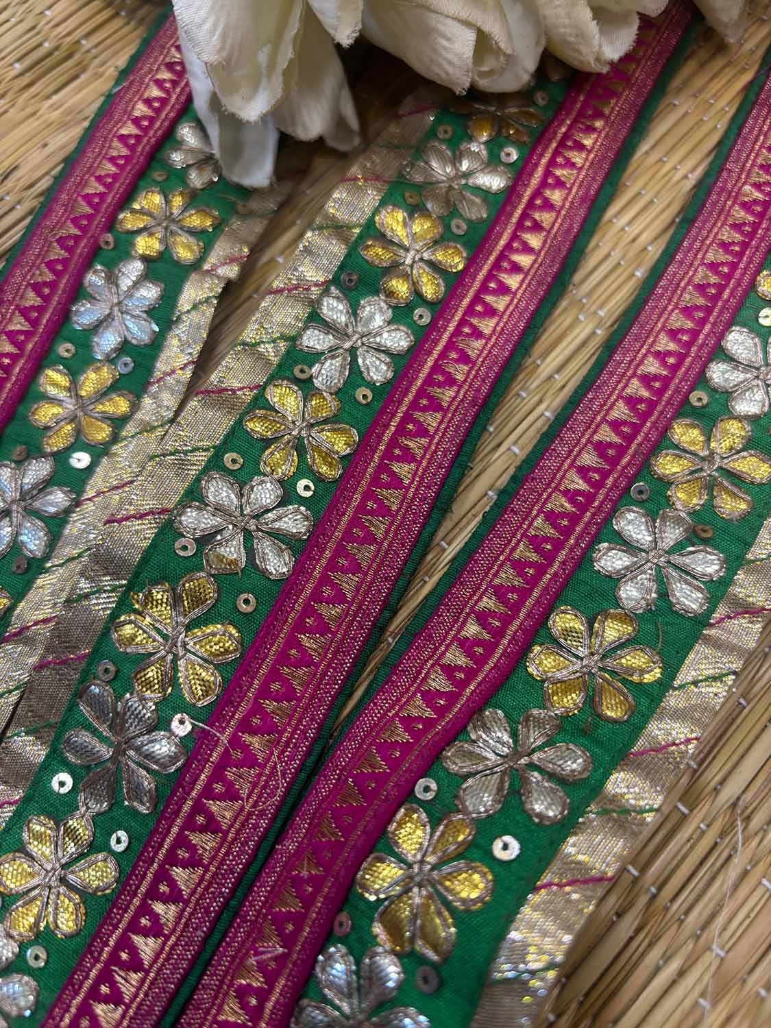 Pink And Green Hand Work Vintage Gota Patti lace ( 1 Mtr ) - Luxurion World