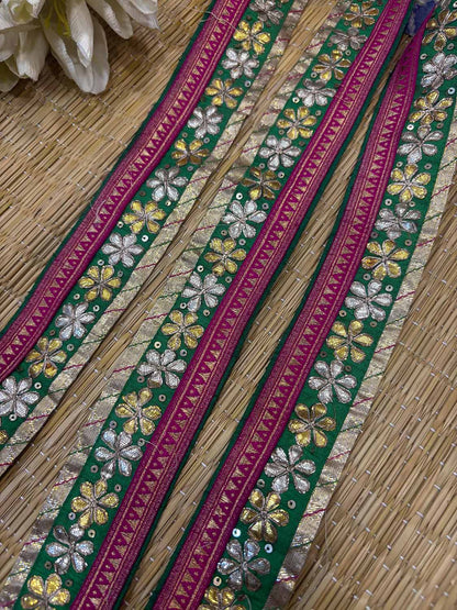Pink And Green Hand Work Vintage Gota Patti lace ( 1 Mtr ) - Luxurion World