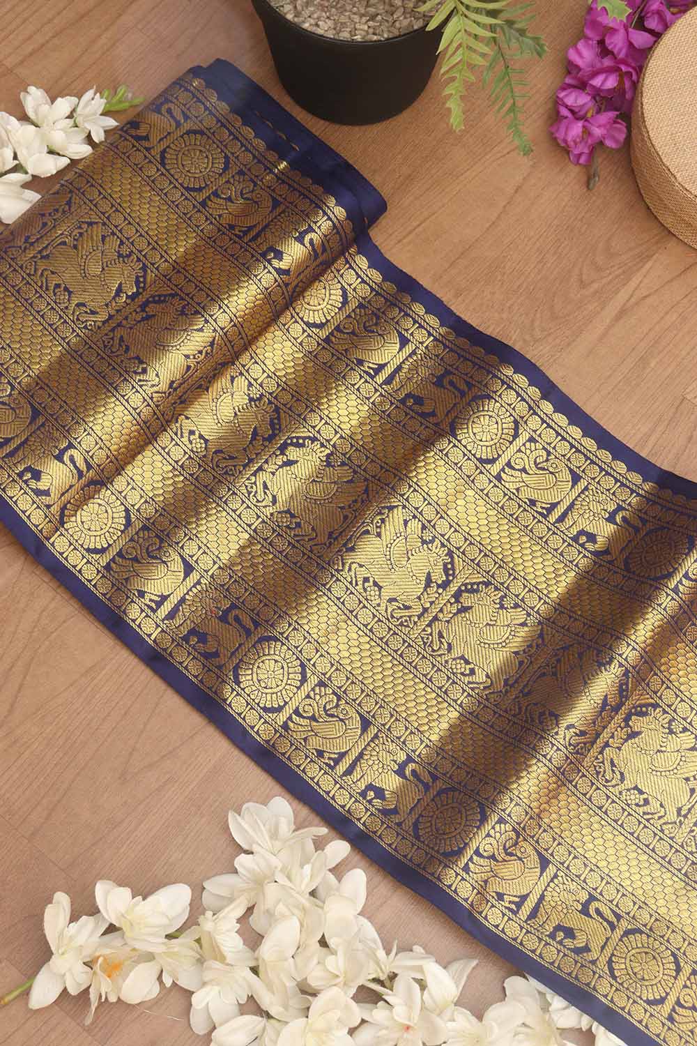 Blue Handloom Kanjeevaram Pure Silk Lace ( 9 Mtr ) - Luxurion World