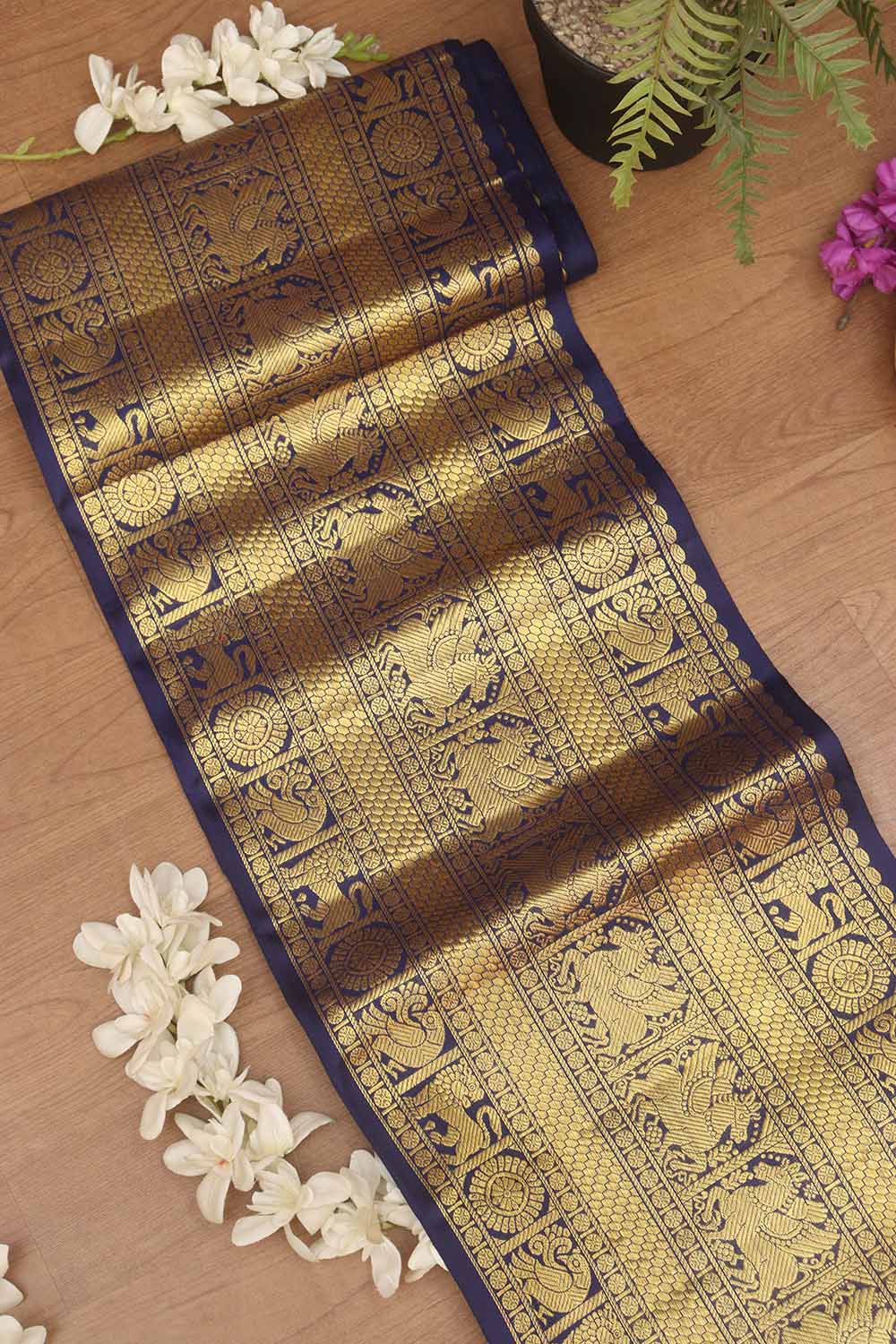 Blue Handloom Kanjeevaram Pure Silk Lace ( 9 Mtr ) - Luxurion World