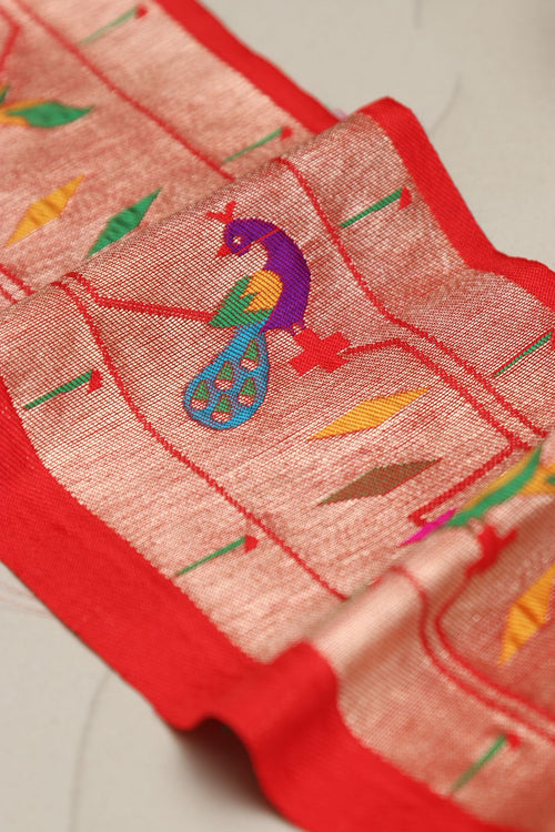Exquisite Red Paithani Silk Lace with Parrot & Peacock Motifs ( 1 Mtr ) - Luxurion World