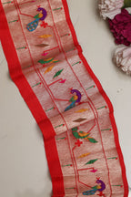 Exquisite Red Paithani Silk Lace with Parrot & Peacock Motifs ( 1 Mtr ) - Luxurion World