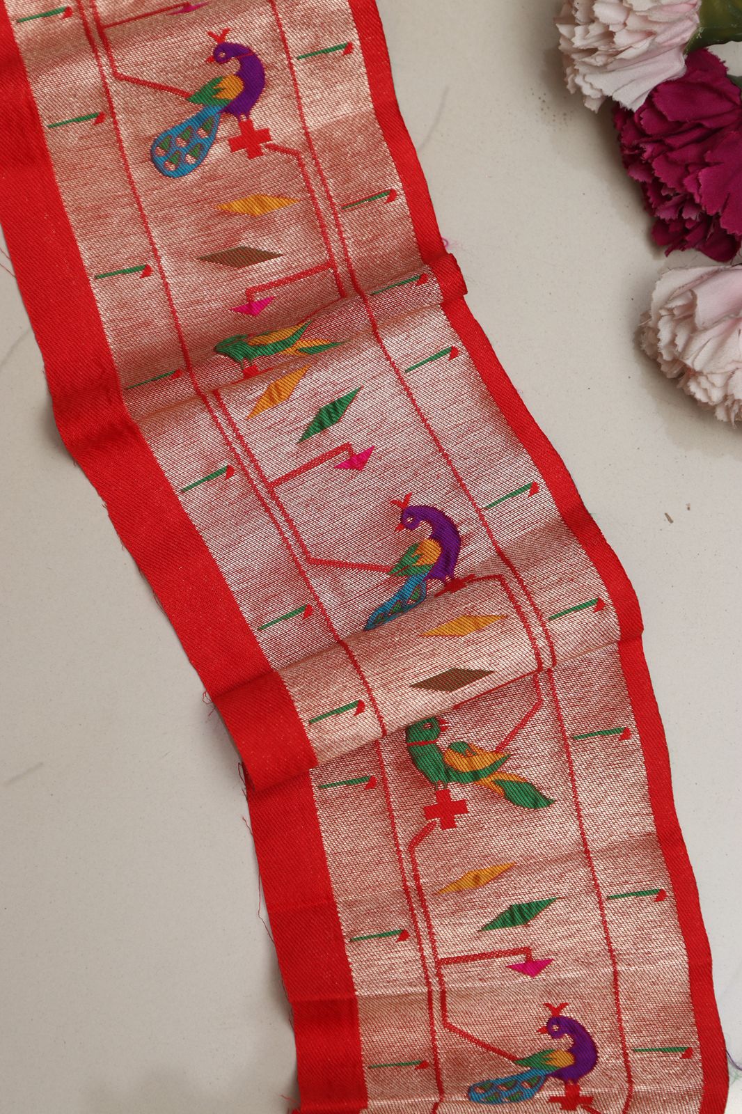 Exquisite Red Paithani Silk Lace with Parrot & Peacock Motifs ( 1 Mtr ) - Luxurion World