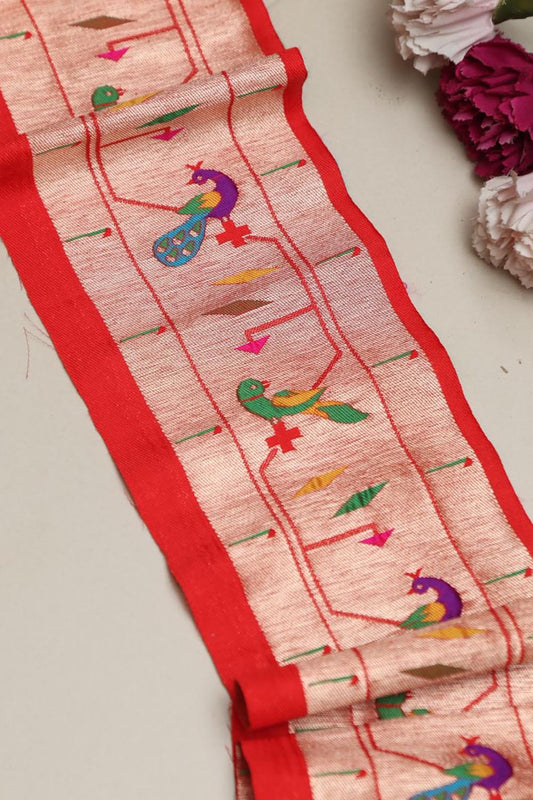 Exquisite Red Paithani Silk Lace with Parrot & Peacock Motifs ( 1 Mtr ) - Luxurion World