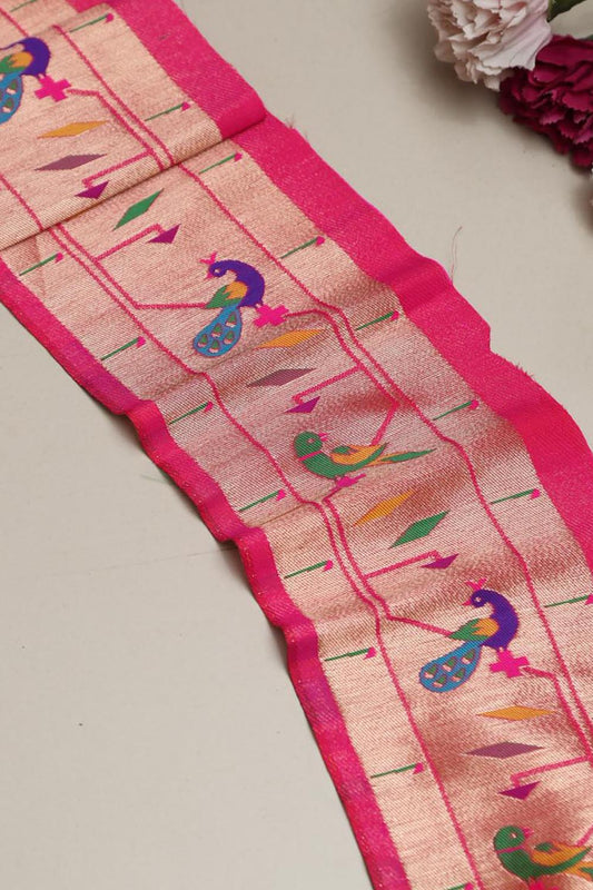 Exquisite Pink Paithani Silk Lace with Parrot & Peacock Motifs ( 1 Mtr ) - Luxurion World