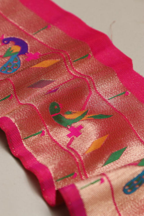 Exquisite Pink Paithani Silk Lace with Parrot & Peacock Motifs ( 1 Mtr ) - Luxurion World