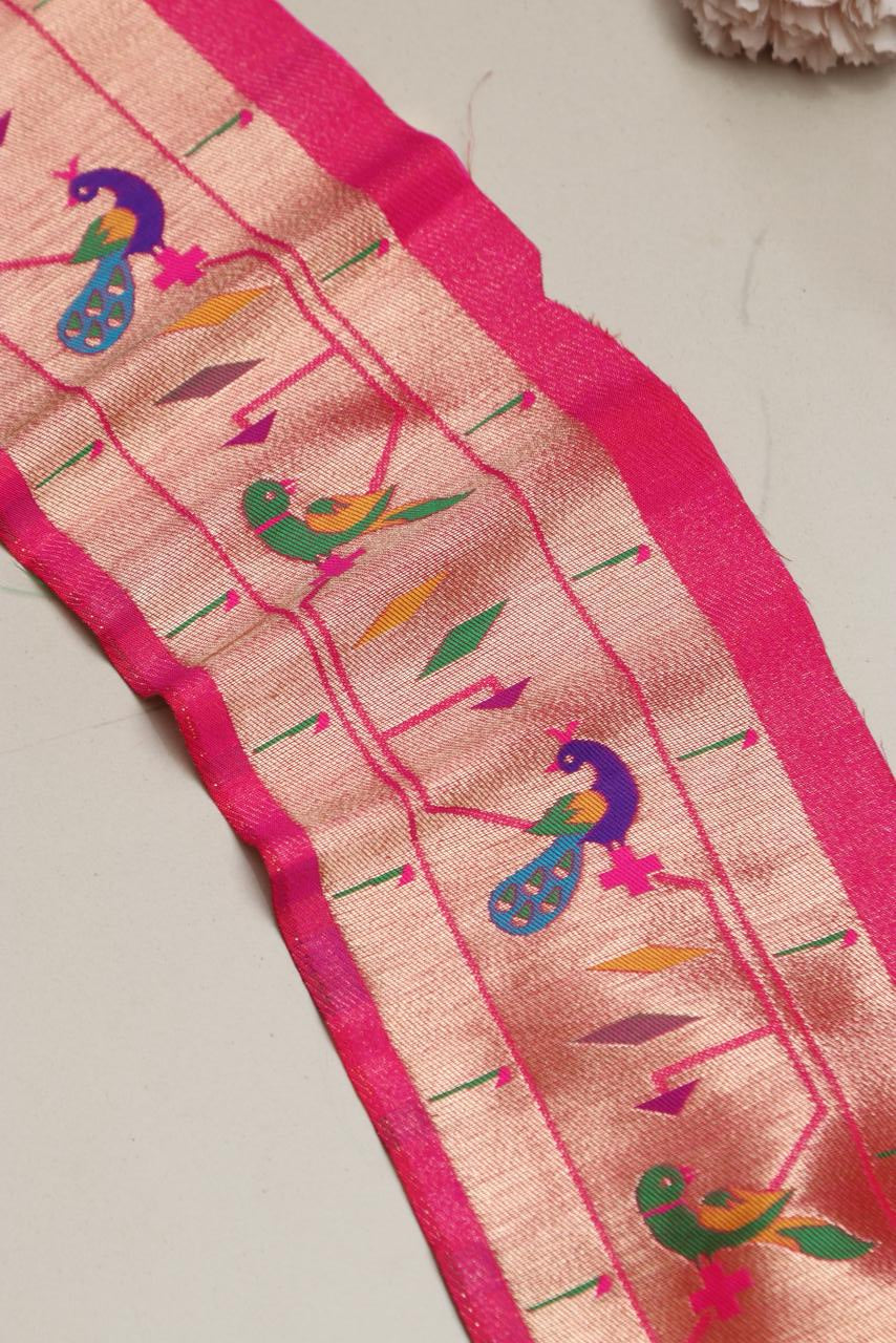 Exquisite Pink Paithani Silk Lace with Parrot & Peacock Motifs ( 1 Mtr ) - Luxurion World