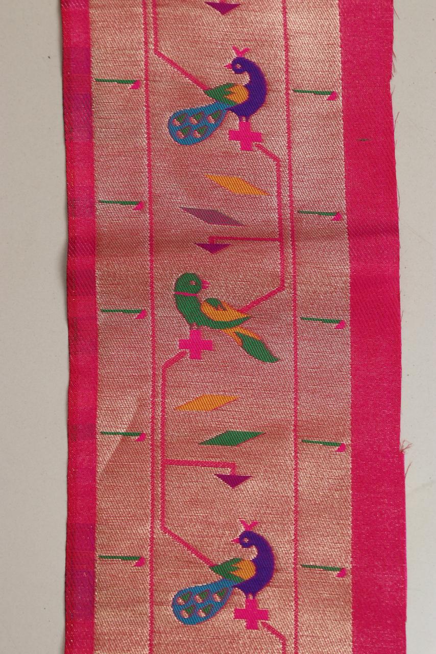 Exquisite Pink Paithani Silk Lace with Parrot & Peacock Motifs ( 1 Mtr ) - Luxurion World