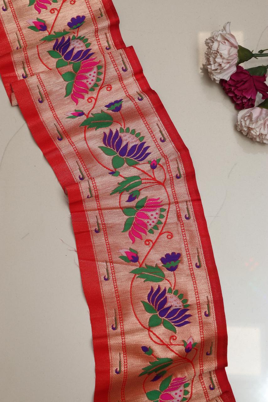 Red Paithani Silk Lace with Flower Motifs ( 1 Mtr ) - Luxurion World