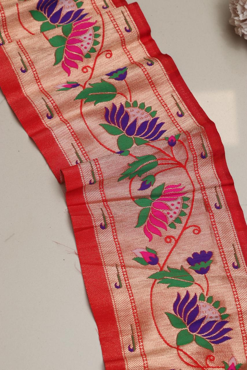 Red Paithani Silk Lace with Flower Motifs ( 1 Mtr ) - Luxurion World