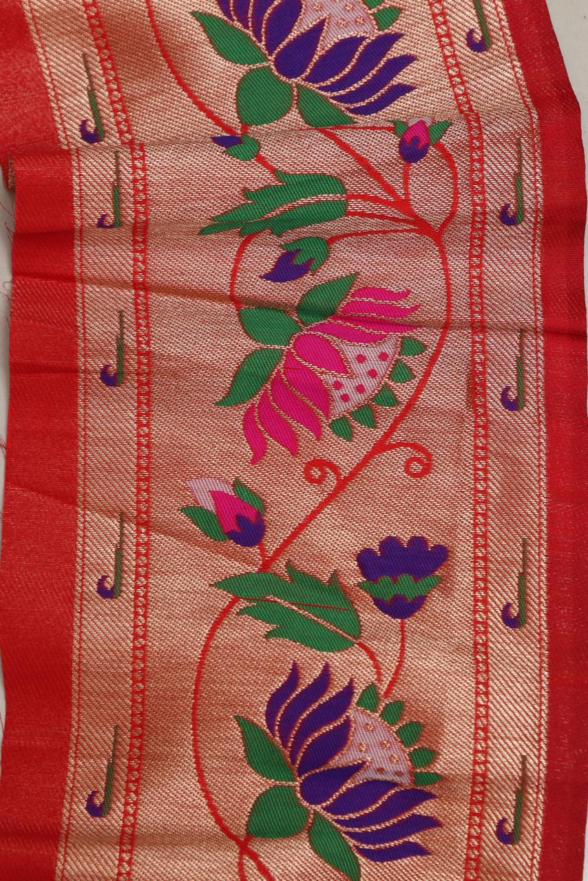 Red Paithani Silk Lace with Flower Motifs ( 1 Mtr ) - Luxurion World