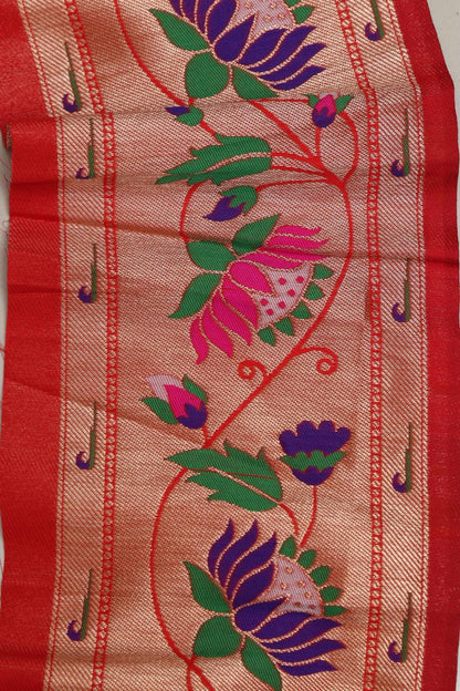 Red Paithani Silk Lace with Flower Motifs ( 1 Mtr ) - Luxurion World