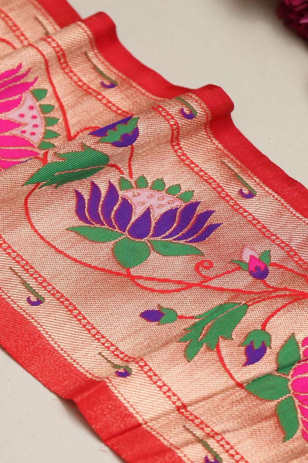 Red Paithani Silk Lace with Flower Motifs ( 1 Mtr ) - Luxurion World