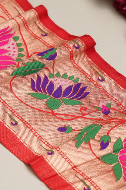 Red Paithani Silk Lace with Flower Motifs ( 1 Mtr ) - Luxurion World