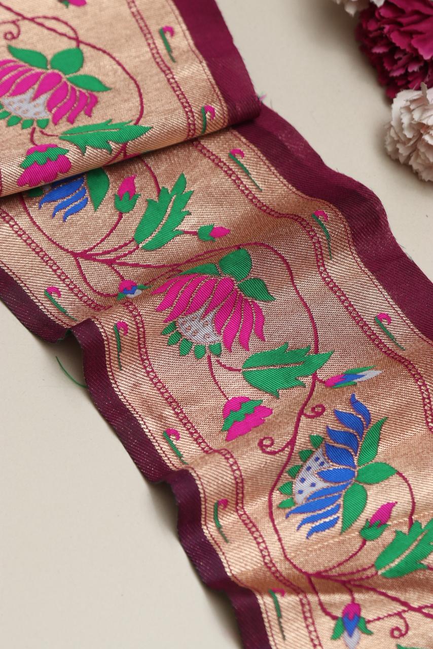 Exquisite Purple Paithani Silk Lace with Flower Motifs ( 1 Mtr ) - Luxurion World