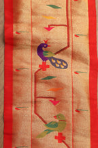 Exquisite Red Paithani Silk Lace with Peacock & Parrot Motifs( 1 Mtr ) - Luxurion World
