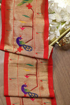 Exquisite Red Paithani Silk Lace with Peacock & Parrot Motifs( 1 Mtr ) - Luxurion World