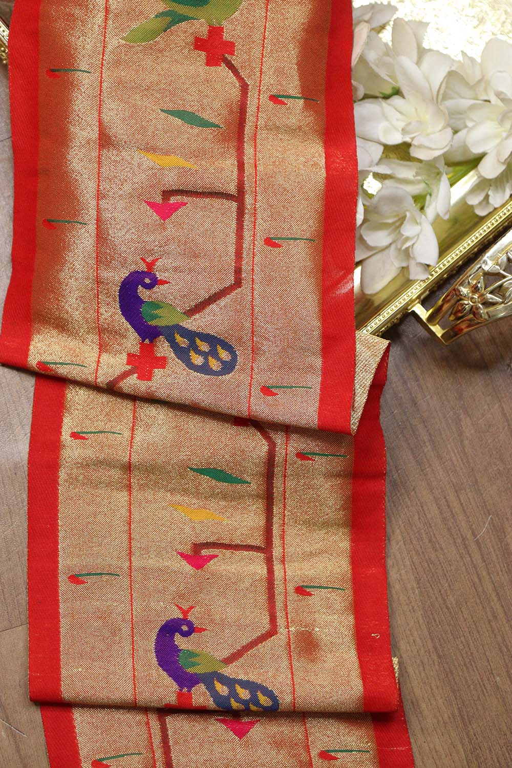 Exquisite Red Paithani Silk Lace with Peacock & Parrot Motifs( 1 Mtr ) - Luxurion World