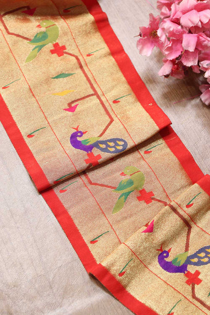 Exquisite Red & Gold Zari Paithani Silk Lace with Peacock & Parrot - Luxurion World