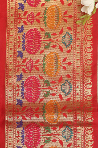 Red Paithani Silk Flower Design Lace ( 1 Mtr ) - Luxurion World