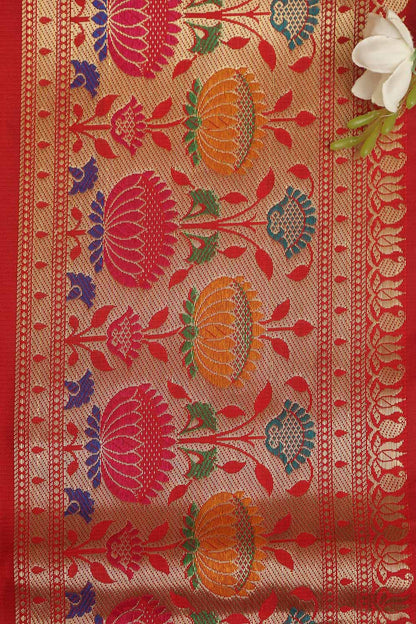 Red Paithani Silk Flower Design Lace ( 1 Mtr ) - Luxurion World
