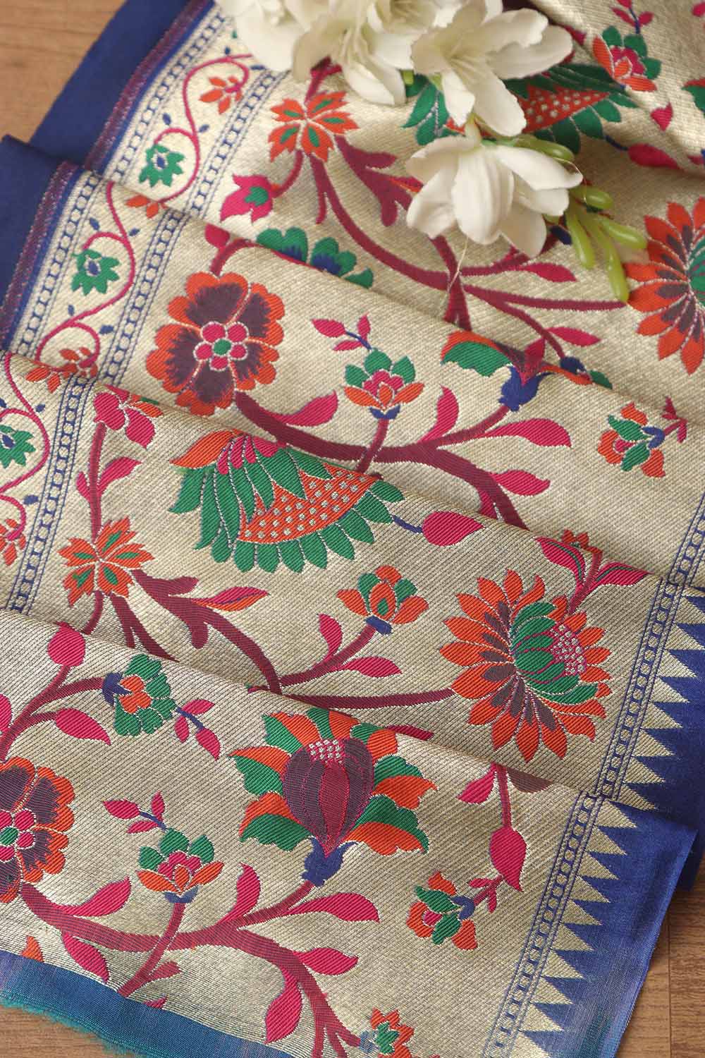 Blue Paithani Silk Flower Design Lace ( 1 Mtr ) - Luxurion World