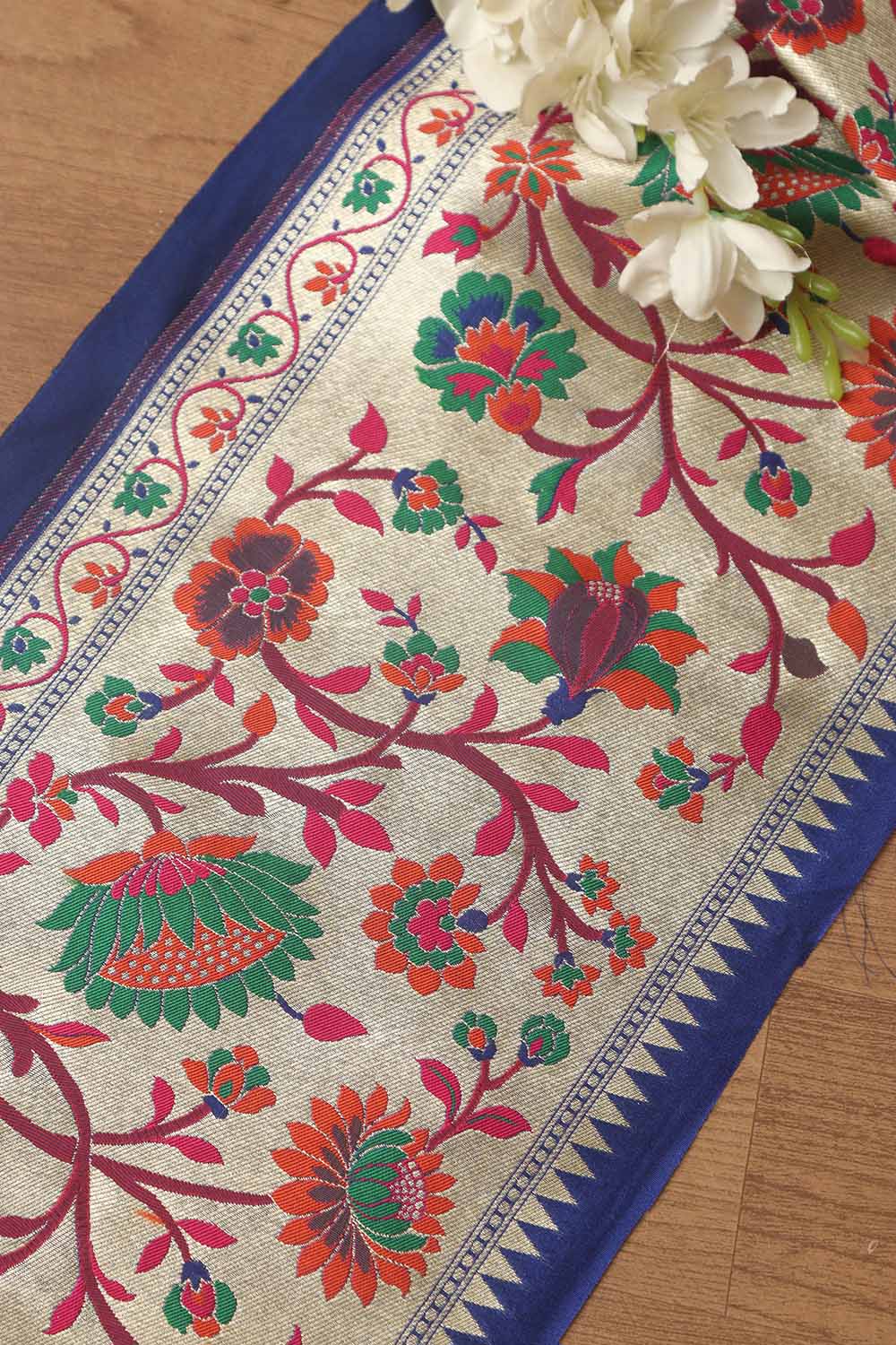 Blue Paithani Silk Flower Design Lace ( 1 Mtr ) - Luxurion World